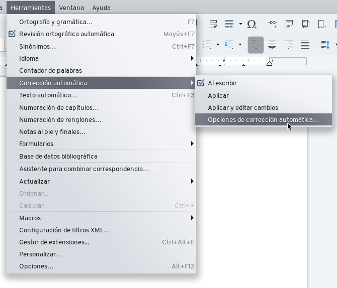 LibreOffice, Opciones de corrección automática